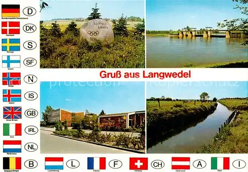 AK / Ansichtskarte Langwedel__Verden Spiridon Louis Gedenkstein Schleusenkanal Kindergarten Schule Nationalflaggen 