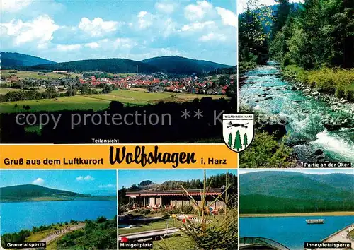 AK / Ansichtskarte Wolfshagen_Harz Panorama Partie an der Oker Granetalsperre Minigolfplatz Innerstetalsperre Wolfshagen Harz