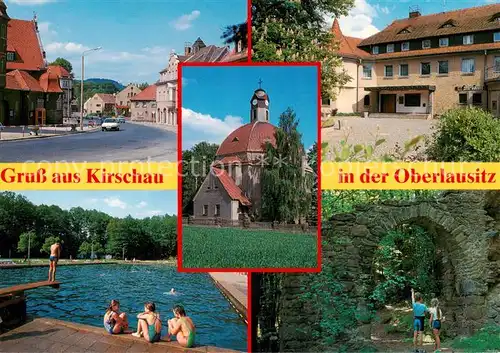 AK / Ansichtskarte Kirschau Ortsansicht Kirche Schwimmbad Torbogen Kirschau