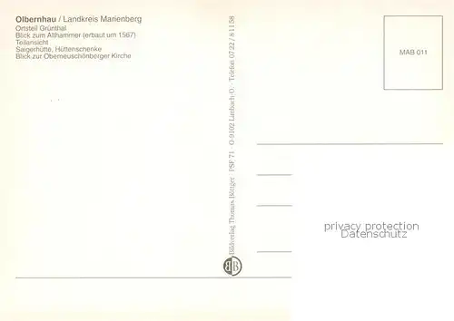 AK / Ansichtskarte Olbernhau_Erzgebirge OT Gruenthal Althammer Teilansicht Saigerhuette Huettenschenke Oberneuschoenberger Kirche Olbernhau Erzgebirge