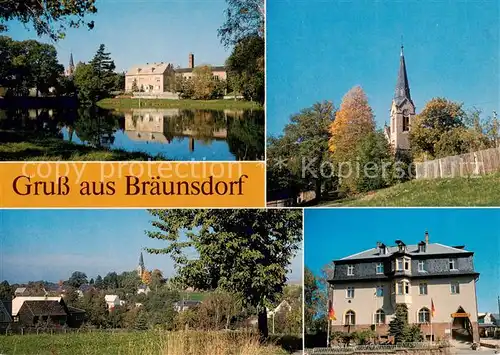 AK / Ansichtskarte Braeunsdorf_Oberschoena Grosser Teich Kirche Teilansicht Rathaus 
