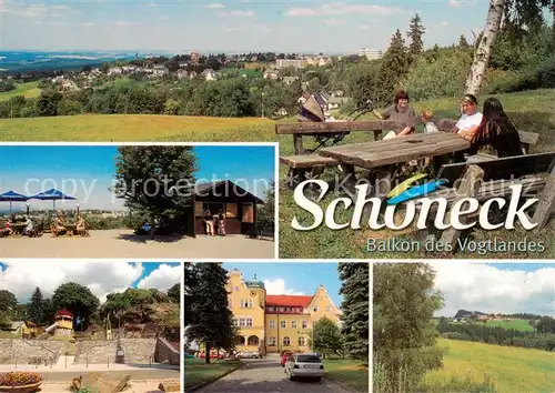 AK / Ansichtskarte Schoeneck_Vogtland Panorama Blockhuette Vogtland Blick Spielplatz am Alten Soell Rathaus Vogtlandhof und IFA Ferienpark Schoeneck_Vogtland