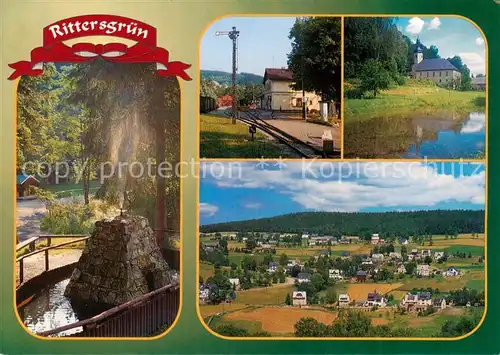 AK / Ansichtskarte Rittersgruen Wettinbrunnen Saechsisches Schmalspurbahn Museum Dorfkirche Teilansicht Rittersgruen