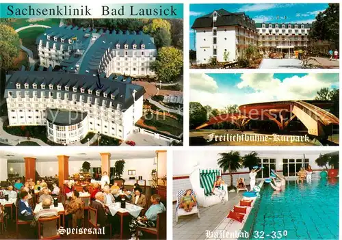AK / Ansichtskarte Bad_Lausick Sachsenklinik Fliegeraufnahme Freilichtbuehne Kurpark Speisesaal Hallenbad Bad_Lausick