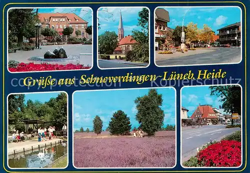 AK / Ansichtskarte Schneverdingen Stadtplatz Kirche Strassenpartie Kanals Heidelandschaft Strasse Schneverdingen