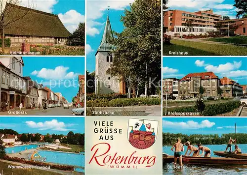 AK / Ansichtskarte Rotenburg_Wuemme Heimatmuseum Grossestrasse Warmwasser Freibad Stadtkirche Kreishaus Kreissparkasse Bullensee Rotenburg Wuemme