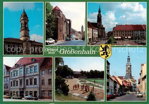 AK / Ansichtskarte Grossenhain_Sachsen Rathaus Klosterruine Hauptmarkt Marienkirche Altes Buergermeisterhaus Strandbad Nauendorfer Strasse mit Marienkirche Grossenhain Sachsen