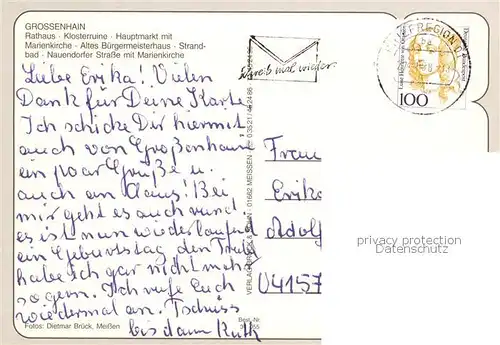 AK / Ansichtskarte Grossenhain_Sachsen Rathaus Klosterruine Hauptmarkt Marienkirche Altes Buergermeisterhaus Strandbad Nauendorfer Strasse mit Marienkirche Grossenhain Sachsen