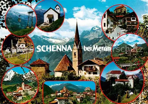AK / Ansichtskarte 73839989 Schenna_Meran_Trentino_IT Seilbahn Kirche Panorama Schloss Teilansichten 
