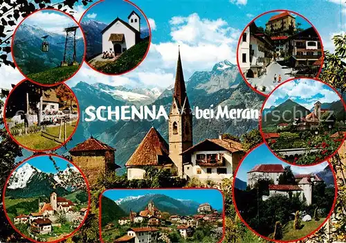 AK / Ansichtskarte 73839992 Schenna_Meran_Trentino_IT Seilbahn Kirche Panorama Schloss Teilansichten 