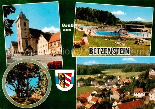 AK / Ansichtskarte 73840055 Betzenstein Kirche Freibad Baumhuette Panorama Betzenstein