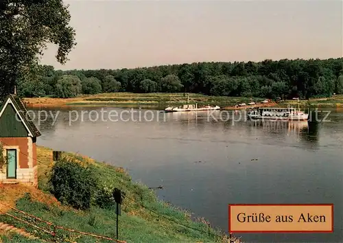 AK / Ansichtskarte 73840075 Aken_Elbe Pegelhaeuschen Faehre MS Tourist Aken_Elbe