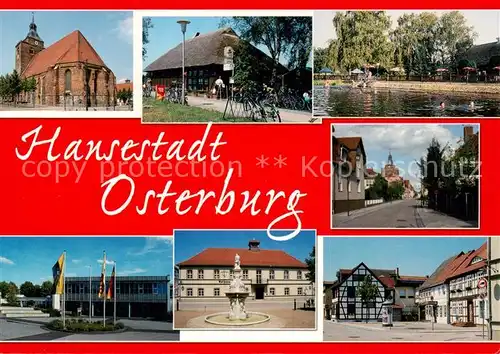 AK / Ansichtskarte  Osterburg_Altmark St Nikolaikirche Biesebad Poststrasse Landessportschule Rathaus und Neptunbrunnen Kleiner Markt Osterburg_Altmark