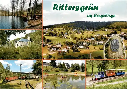 AK / Ansichtskarte  Rittersgruen Angelteich Pfarrkirche Panorama Schmalspur Museum Teich Parkbahn Rittersgruen Rittersgruen