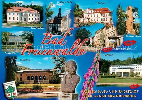 AK / Ansichtskarte  Bad_Freienwalde Kurmittelhaus Konzerthalle Rathaus Bismarck Turm Karl Marx Strasse Fachklinik Papenmuehle Fontane Bueste Bad_Freienwalde