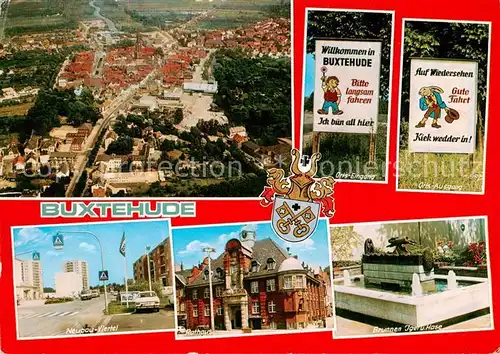 AK / Ansichtskarte  Buxtehude Fliegeraufnahme Ortseingang und Ausgang Schilder Neubau Viertel Rathaus Brunnen Igel und Hase Buxtehude