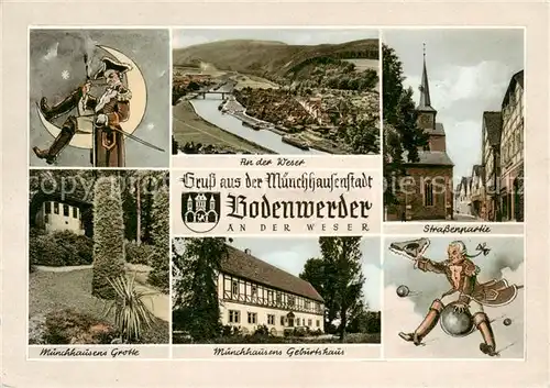 AK / Ansichtskarte 73840167 Bodenwerder Muenchhausenstadt Fliegeraufnahme Muenchhausener Grotte und Geburtshaus Strassenpartie Bodenwerder