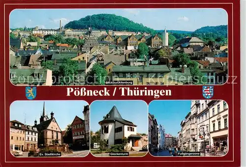 AK / Ansichtskarte 73840184 Poessneck Blick zur Altenburg Ev Stadtkirche Glockenturm Fussgaengerzone Poessneck