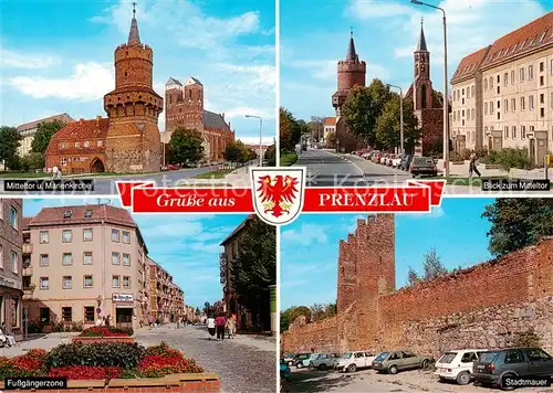 AK / Ansichtskarte Prenzlau Mitteltor und Marienkirche Blick zum Mitteltor Fussgaengerzone Stadtmauer Prenzlau