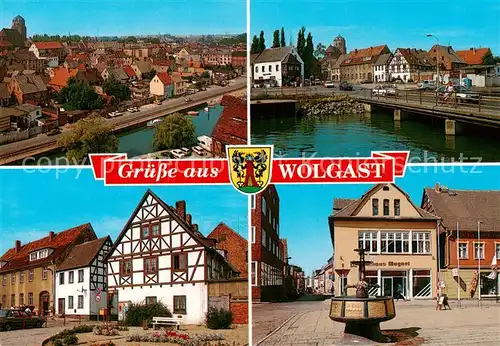 AK / Ansichtskarte Wolgast_Mecklenburg Vorpommern Panorama Bruecke Fachwerkhaus Brunnen Wolgast