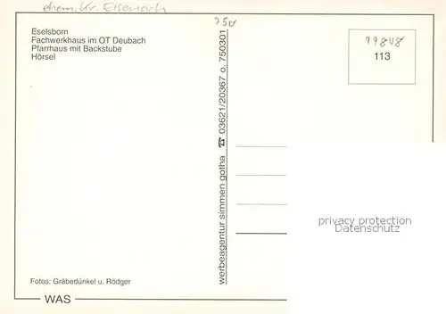 AK / Ansichtskarte Wutha Farnroda OT Schoenau Eselsborn Fachwerkhaus im OT Deubach Pfarrhaus mit Backstube Hoersel Wutha Farnroda