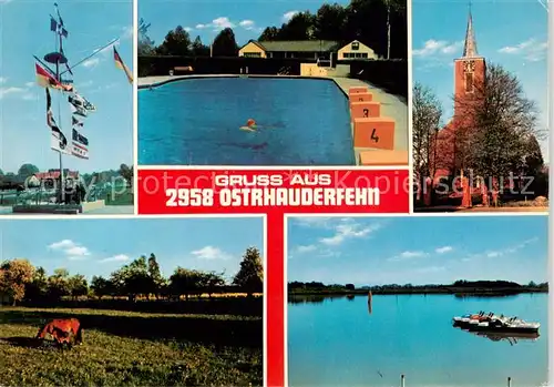 AK / Ansichtskarte Ostrhauderfehn Flaggen Schwimbad Kirche Panorama Seeblick Ostrhauderfehn