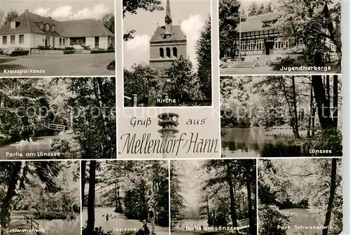 AK / Ansichtskarte Mellendorf Kreissparkasse Am Loenssee Kirche Jugendherberge Schwanenweiher Park Mellendorf