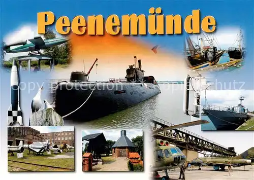 AK / Ansichtskarte Peenemuende Teilansichten mit Duesenjaeger Raketen Uboot Schiffe Hubschrauber Peenemuende