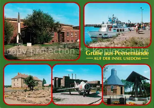 AK / Ansichtskarte Peenemuende Rakete Ausflugsboot Jagdflugzeug Kapelle Peenemuende