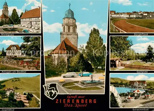 AK / Ansichtskarte Zierenberg Marktplatz Anlagen am Stadttor Jugendhof Kirche Buergerhaus Golfplatz Schwimmbad Zierenberg