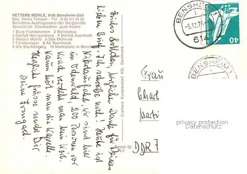 AK / Ansichtskarte Zell_Bensheim Burg Frankenstein Melibokus Schloss Heiligenberg Schloss Auerbach Vetters Muehle Das Muehlrad Fuerstenlager Alt Bensheim Die Starkenburg Marktplatz Zell Bensheim