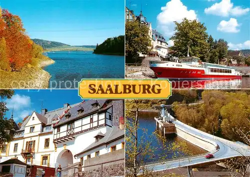 AK / Ansichtskarte Saalburg_Saale Bootsanlegestelle am Hotel Kranich Blick aus der Rempendorfer Bucht Torbogen mit alter Staumauer Sperrmauer des Bleilochstaustees Saalburg_Saale