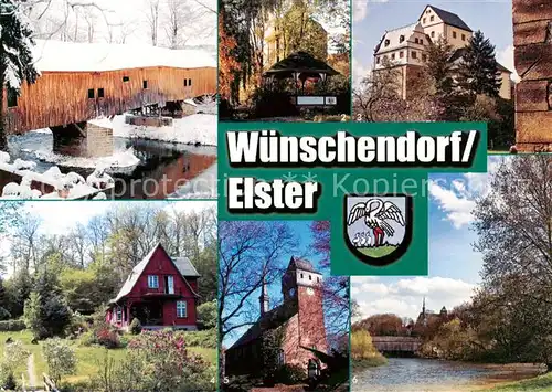 AK / Ansichtskarte Wuenschendorf__Elster Holzbruecke Gemeindegarten Kloster Mildenfurth Forsthaus Veitskirche Elsterufer 