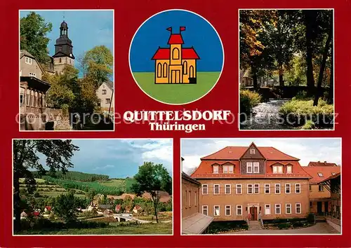 AK / Ansichtskarte Quittelsdorf_Koenigsee_Thueringen Kirche Wappen Blick auf die Dorfbruecke Ortsansicht Pflegeheim Johanneshof 