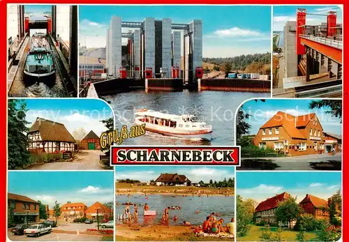 AK / Ansichtskarte  Scharnebeck_Lueneburg Schiffshebewerk Schleuse Teilansichten Markt Strand Scharnebeck Lueneburg