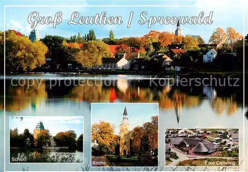 AK / Ansichtskarte 73840485 Gross_Leuthen Ansicht vom Wasser aus Herbststimmung Schloss Kirche Campingplatz Gross_Leuthen