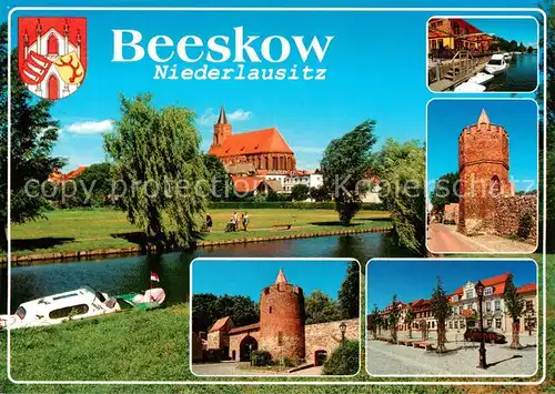 AK / Ansichtskarte 73840498 Beeskow Partie am Fluss Parkanlagen Kirche Stadtmauer Turm Ortszentrum Beeskow