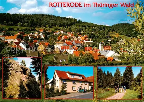 AK / Ansichtskarte  Rotterode Ortsansicht mit Kirche Blick vom Arzberg Kletterfelsen Koppenstein Gasthof Wandern am Rennsteig Rotterode