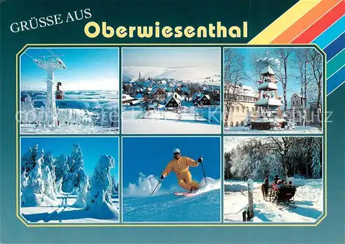 AK / Ansichtskarte Oberwiesenthal_Erzgebirge Gondelbahn Panorama Weihnachtspyramide Skilaeufer Pferdeschlitten Oberwiesenthal Erzgebirge