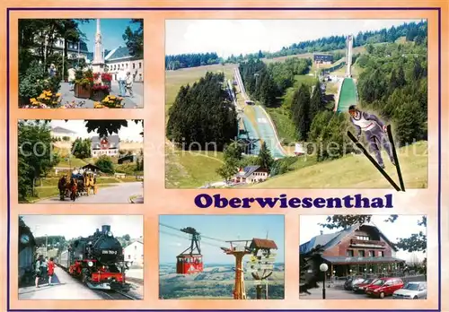 AK / Ansichtskarte Oberwiesenthal_Erzgebirge Marktplatz Pferdekutsche Dampflok Gondelbahn Sprungschanze Oberwiesenthal Erzgebirge