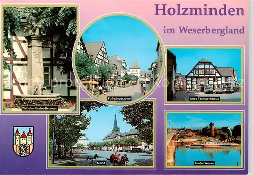 AK / Ansichtskarte Holzminden_Weser Wilh Raabe Brunnen Fussgaengerzone Altes Fachwerkhaus Markt An der Weser Holzminden Weser