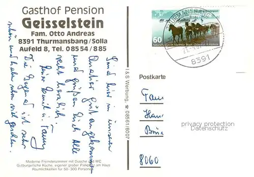 AK / Ansichtskarte Thurmansbang Gasthof Pension Geisselstein Restaurant Fremdenzimmer Thurmansbang