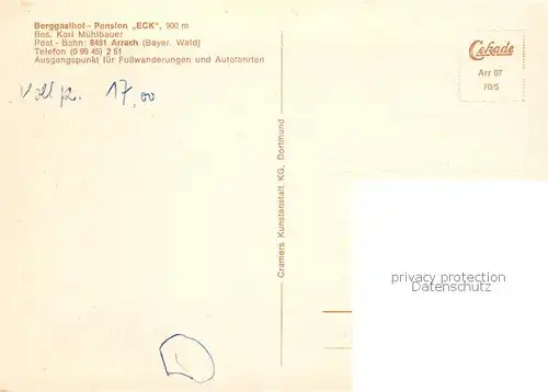 AK / Ansichtskarte Arrach Berggasthof Pension Eck Waldschmidt Denkmal Riedelstein Rauchroehren Felsformationen Muehlriegel Gipfelkreuz Bayerischer Wald Arrach