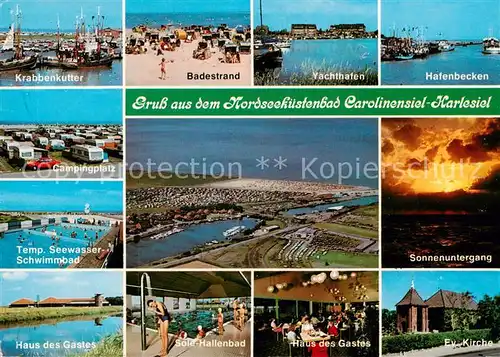 AK / Ansichtskarte  Carolinensiel-Harlesiel_Ostfriesland Krabbenkutter Badestrand Yachthafen Hafenbecken Campingplatz Seewasser Schwimmbad Sonnenuntergang Haus des Gastes Sole Hallenbad Ev Kirche  Carolinensiel-Harlesiel