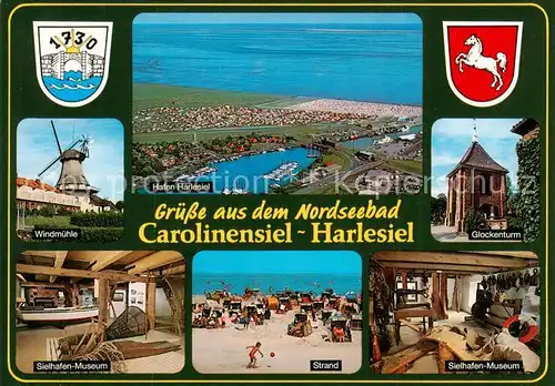 AK / Ansichtskarte 73840664 Carolinensiel-Harlesiel_Ostfriesland Windmuehle Hafen Glockenturm Sielhafen Museum Strand  Carolinensiel-Harlesiel
