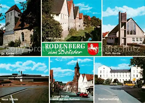 AK / Ansichtskarte 73840679 Rodenberg_Deister Ev Kirche Klein Venedig Kath Kirche Neue Schule Lange Strasse Rathaus Stadtverwaltung Rodenberg_Deister