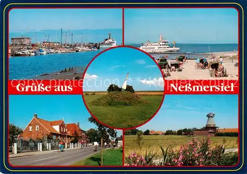 AK / Ansichtskarte  Nessmersiel Hafen Strand Faehre Strasse Leuchtturm Nessmersiel