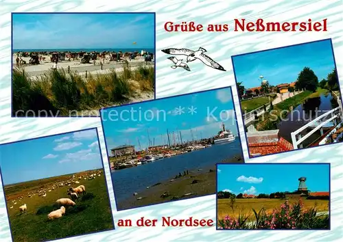 AK / Ansichtskarte 73840693 Nessmersiel Strand Schafe Hafen Kanal Leuchtturm Nessmersiel