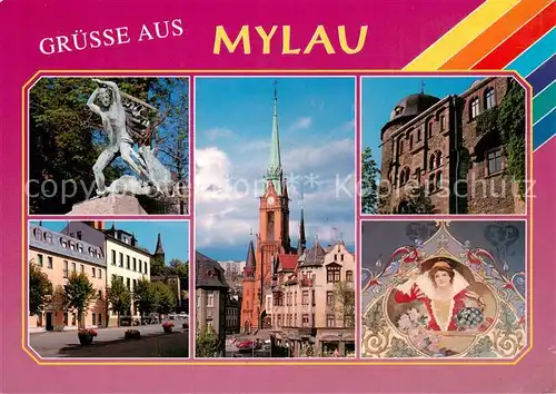 AK / Ansichtskarte 73840743 Mylau Obermylau Lindwurmdenkmal Markt Kirche Burg Supraporte im Metzschzimmer an der Burg Mylau