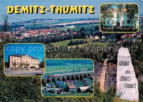 AK / Ansichtskarte 73840766 Demitz-Thumitz Teilansicht Marktplatz mit Schule Steinmetzschule Viadukt Granitstein Demitz-Thumitz